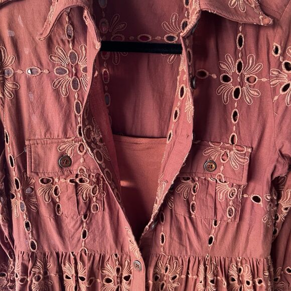 Anthropologie Eva Franco Josie Eyelet Tunic Dress Brown Size XS With Slip‎ Liner - Picture 5 of 13